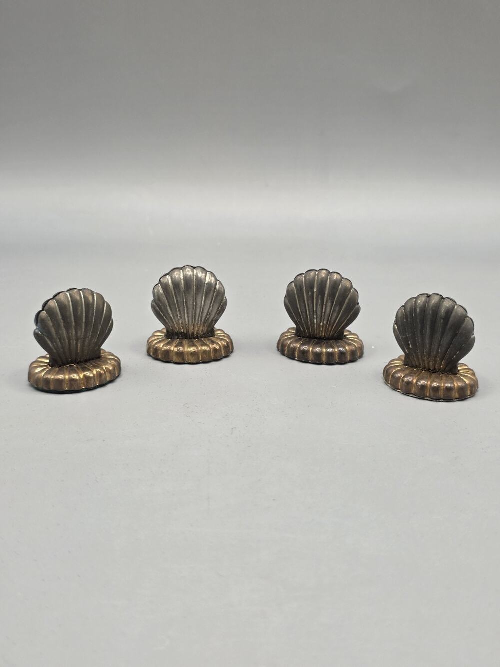 Set of 4 Vintage Silver Plated Brass Clam Shell Photo Holders Hollywood Regency